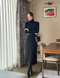 Cre wool pin tuck H-line slit long skirt (belt set)
