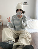 Puring Striped Diagonal Button Warmer Hoodie