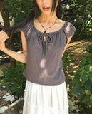 Aceh Dot Shirring Ribbon Cap Sleeve Short Sleeve T-Shirt