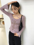 Compo Vintage Cross X Strap Deep V Neck Long Sleeve T-Shirt