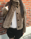 Merve Fluffy Fur Button High Neck Short Jacket