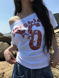 Nero Off-Neck Lettering Number Short Sleeve T-Shirt