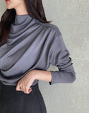 Dielb Half Neck Unbalanced Drape T-Blouse
