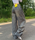 Stripe Folding Hem Snap Wide Denim Pants