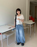 Tzuiti Cat Washing Light Blue Wide Denim Pants