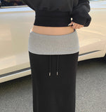 Color Matching Fold Low-Rise Banding Long Skirt
