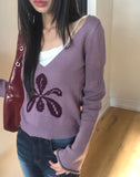 Romit Flower V-Neck Crop Long-Sleeve Knit