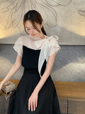 Henin Tie Color Matching Tulip Sleeve Blouse