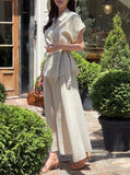 [Two Piece] Duere Linen Wrap Collar Shirt Long Skirt