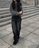 Eti Two Button Black Denim Wide Pants