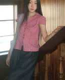 Trin Check Shirring Puff Blouse