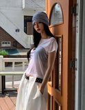 Sheer see-through boat neck cropped short sleeve