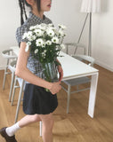 Chili Check Frill Puff Short Sleeve Blouse
