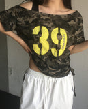 Ray Camo Number Print Off Shoulder Shirring Short Sleeve T-Shirt