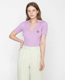 Pink Flower Dot Embroidery Short Sleeve Knit Collar Tee