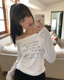 Dokken Lettering See-through Off-shoulder Long Sleeve T-shirt