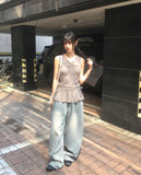 Nuden Flower Pattern Shirring Layered Sleeveless