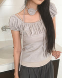 [Tie set] Hadel Corsage Layered Rib Shirring Puff T-shirt