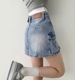Hip Cargo Pocket Siwa Washed Mini Denim Skirt Pants