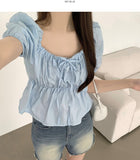 Summer Ribbon Puff Balloon Short Sleeve Flare Blouse
