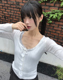 Giru Ribbon Lace Punching Long-Sleeve Cardigan