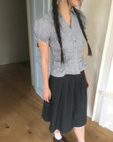 Pique Check V-Neck Shirring Puff Short Sleeve Blouse