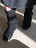 [Fur lining] Reveal vintage belt shirring suede 3cm middle boots
