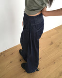 Dad side pin tuck snap button wide long denim pants