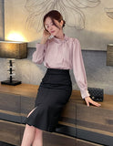 Luan Satin Pintuck Pearl Tie Blouse