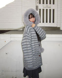 Levin Stripe Drop Knit Fur Hooded Cardigan