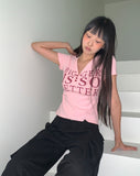 Purit Lettering Button V-Neck Short Sleeve T-Shirt