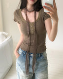 [Scarf SET] Mocha Lace Ribbed Short Sleeve Set