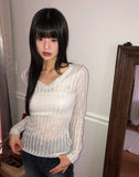 Toohi Cubic Ribbed V-Neck See-Through Long Sleeve T-Shirt