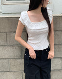 Cane Dot Frill Shirring Cap Short Sleeve T-Shirt