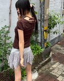 Daken Lace Tiered Ribbon Shirring Flare Mini Skirt