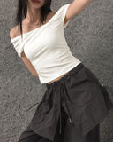 Aconi Ribbon Off-Shoulder Cropped T-Shirt