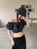 Minen Denim Off Shoulder Cropped Short Sleeve Blouse