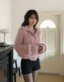 Winter Angora Knit Hooded Cardigan