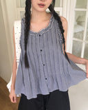 Mobe pin tuck check frill sleeveless blouse