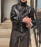 Frill High Neck Balloon Leather Jacket