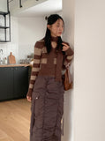 [Muffler set] Freena V-neck Angora Color Matching Stripe Crop Long Sleeve Knit