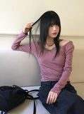 Jitel Vintage Stripe Deep U Neck Long Sleeve T-Shirt