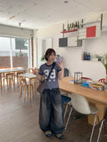 [unisex] Balon Lettering Washing Denim Black Blue Balloon Wide Pants