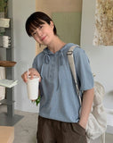 Kyujo Linen Button Hood Short Sleeve Tee - Linen 100