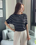 Say Boat-Neck Roll-Up Stripe Knit