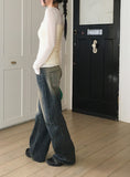 Wick Yellow Washing Slit Long Wide Denim Pants