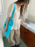 Munil Stripe V-Neck Half Button Blouse