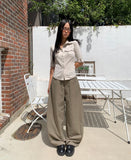 Bifu Embroidery Adjust Balloon Fit Wide Cotton Long Pants