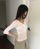 Chugi Button See-through Three Quarter Sleeve T-Shirt