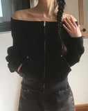 Potic Rivet Pocket Pile Off Shoulder Zip-up